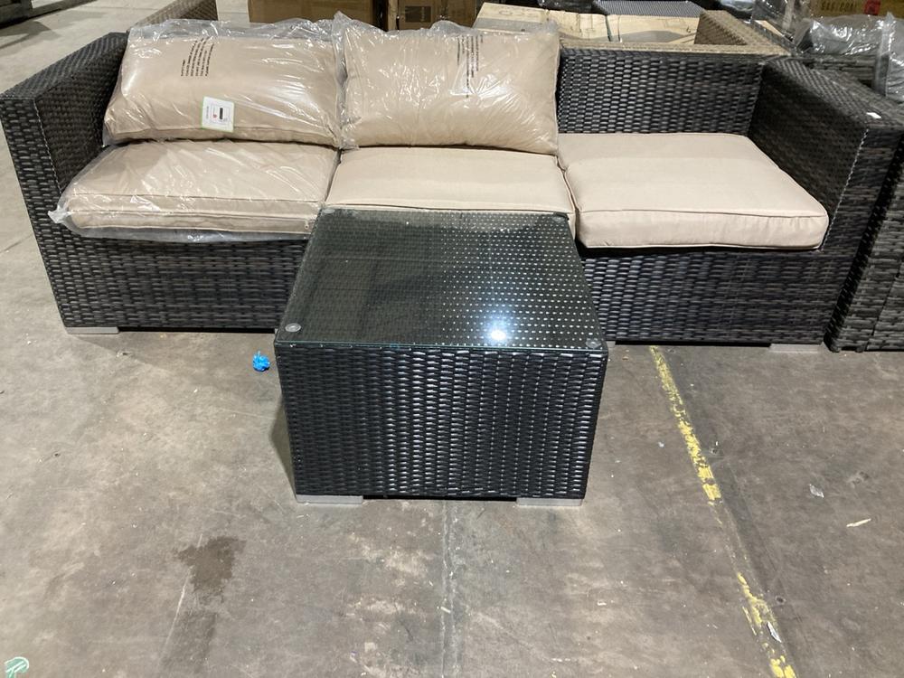Lot 262  
            Birmingham SR106 - Collection or Optional Delivery Available 

                
RATTAN OUTDOOR 3 SEATER SOFA WITH CUSHION TO INCLUDE COFFEE TABLE (LOCATION: ROW ...