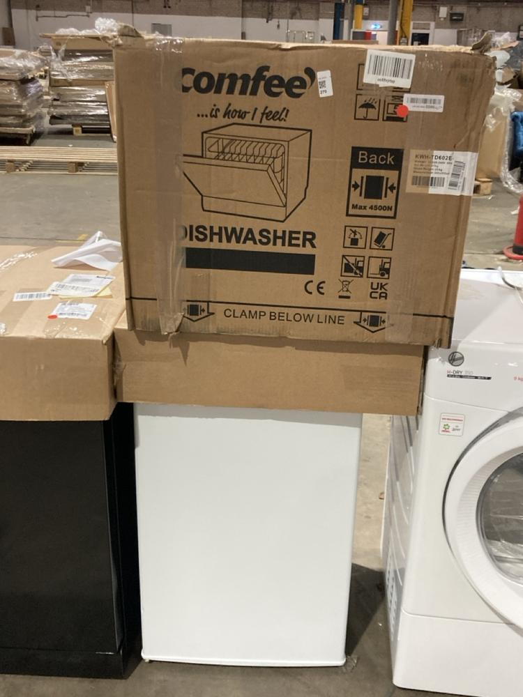 Lot 270  
            Birmingham SR106 - Collection or Optional Delivery Available 

                
COMFEE TABLETOP DISHWASHER KWH-TD602E-S TO INCLUDE COMFEE FREESTANDING UNDER COUN...