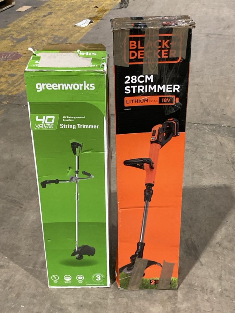 Lot 288  
            Birmingham SR106 - Collection or Optional Delivery Available 

                
GREENWORKS STRING TRIMMER TO INCLUDE BLACK DECKER 28CM STRIMMER (LOCATION: RACKINGS)