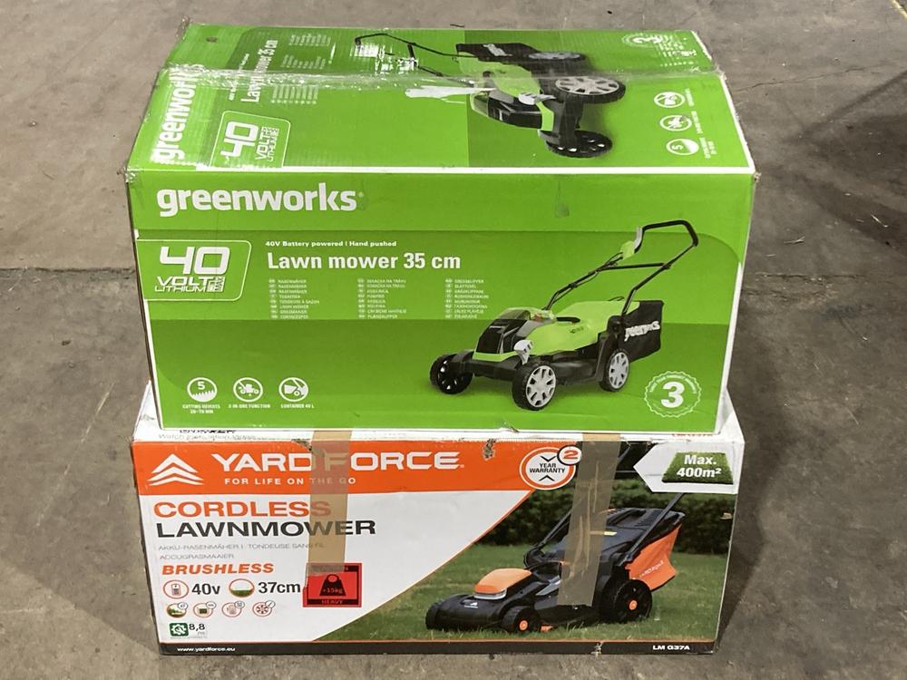 Lot 297  
            Birmingham SR106 - Collection or Optional Delivery Available 

                
YARDFORCE 37CM CORDLESS LAWN MOWER TO INCLUDE GREENWORKS 35CM LAWNMOWER TOTAL ORI...