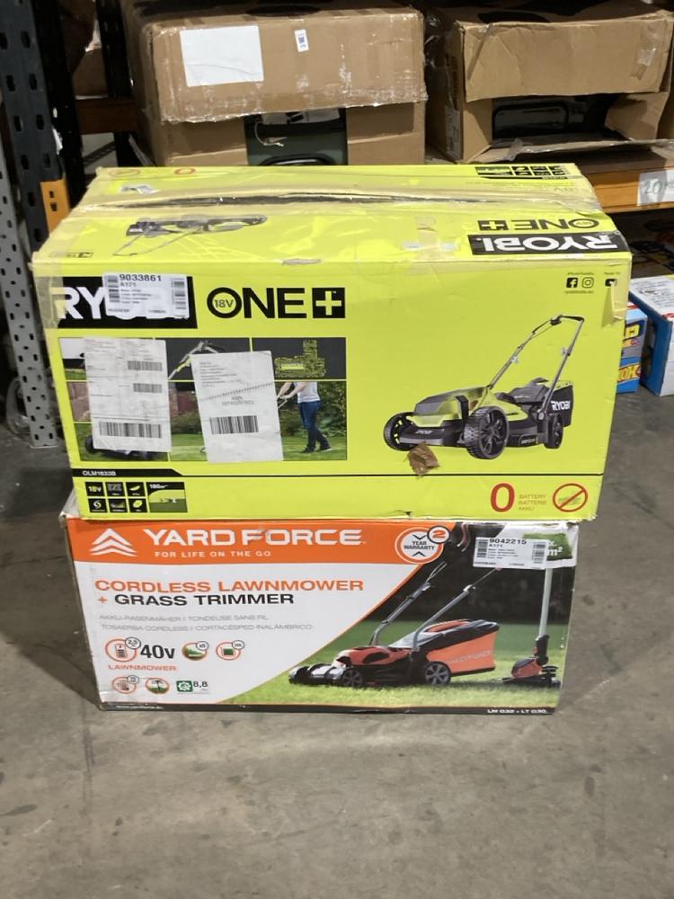 Lot 307  
            Birmingham SR106 - Collection or Optional Delivery Available 

                
YARD FORCE CORDLESS LAWN MOWER TO INCLUDE RYOBI ONE 18V 33CM CORDLESS LAWNMOWER (...