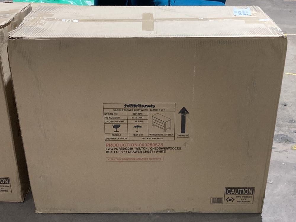 Lot 30  
            Birmingham SR106 - Collection or Optional Delivery Available 

                
WILTON 3 DRAWER CHEST WHITE ORIGINAL RRP £279 (003452254) (LOCATION: ROW 8 - C)