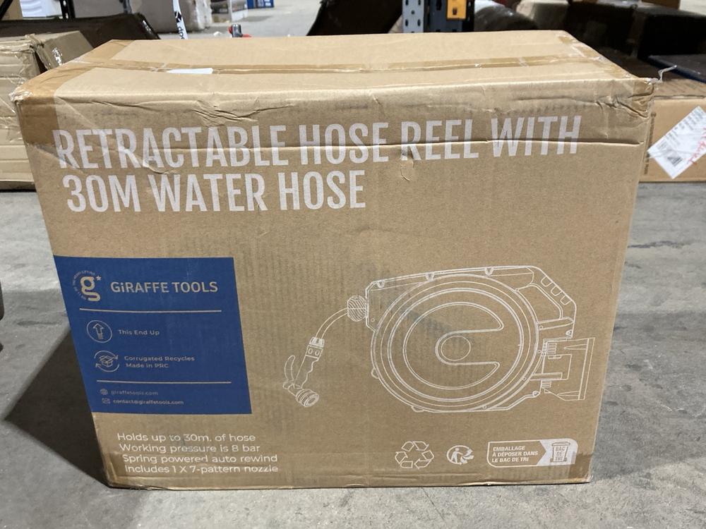 Lot 315  
            Birmingham SR106 - Collection or Optional Delivery Available 

                
GIRAFFE TOOLS RETRACTABLE HOSE REEL ORIGINAL RRP £109 - AW3012EU - (LOCATION: RAC...