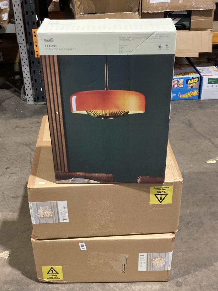 Lot 320  
            Birmingham SR106 - Collection or Optional Delivery Available 

                
3 X VARIOUS ITEMS TO INCLUDE DUNELM FLOYD 2 LIGHT GLASS PENDANT (LOCATION: RACKINGS)