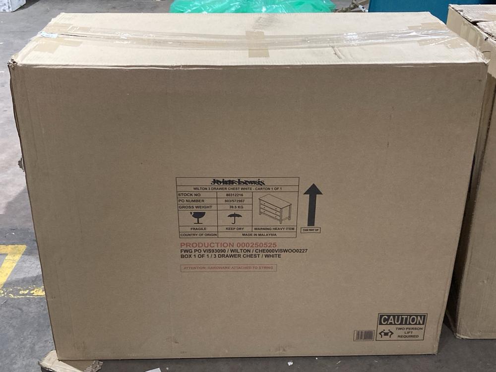 Lot 35  
            Birmingham SR106 - Collection or Optional Delivery Available 

                
WILTON 3 DRAWER CHEST WHITE ORIGINAL RRP £279 (003452257) (LOCATION: ROW 8 - C)