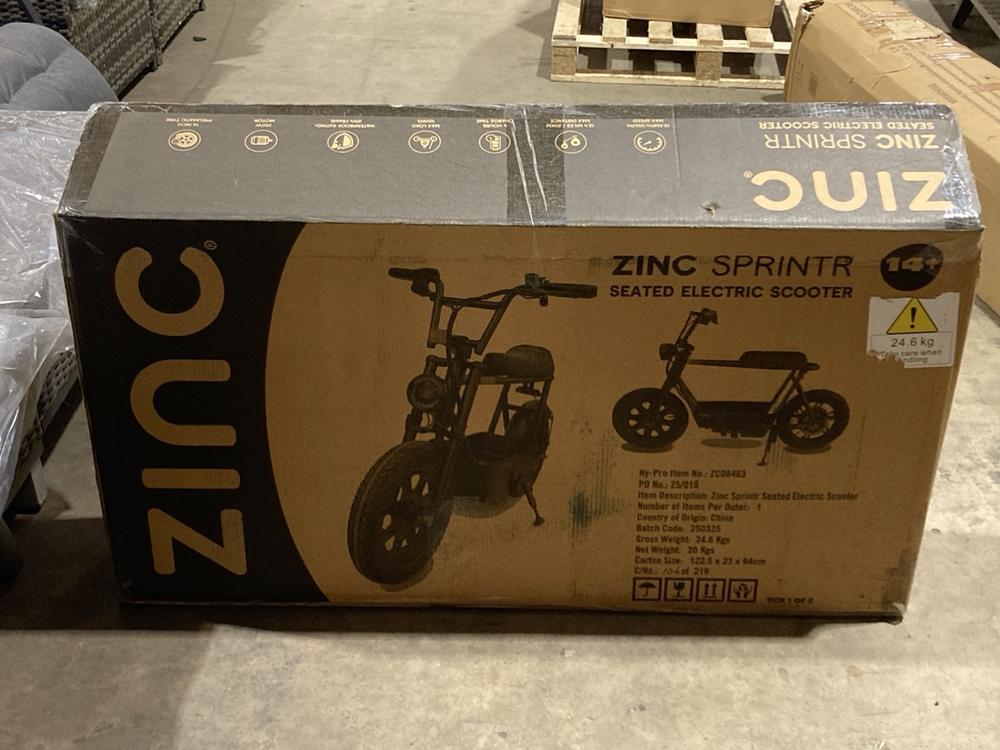 Lot 379  
            Birmingham SR106 - Collection or Optional Delivery Available 

                
ZINC SPRINTER SEATED ELECTRIC SCOOTER ORIGINAL RRP £499 (LOCATION: RACKINGS)