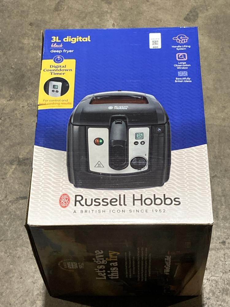 Lot 400  
            Birmingham SR106 - Collection or Optional Delivery Available 

                
RUSSELL HOBBS 3L DEEP FRYER (LOCATION: RACKINGS)