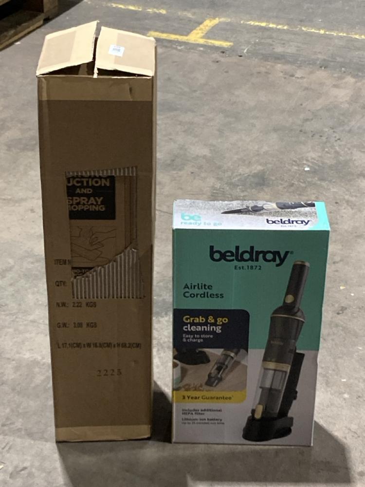 Lot 405  
            Birmingham SR106 - Collection or Optional Delivery Available 

                
SHARK VAC MOP CORDLESS HARD FLOOR CLEANER TO INCLUDE BELDRAY AIRLITE CORDLESS HAN...