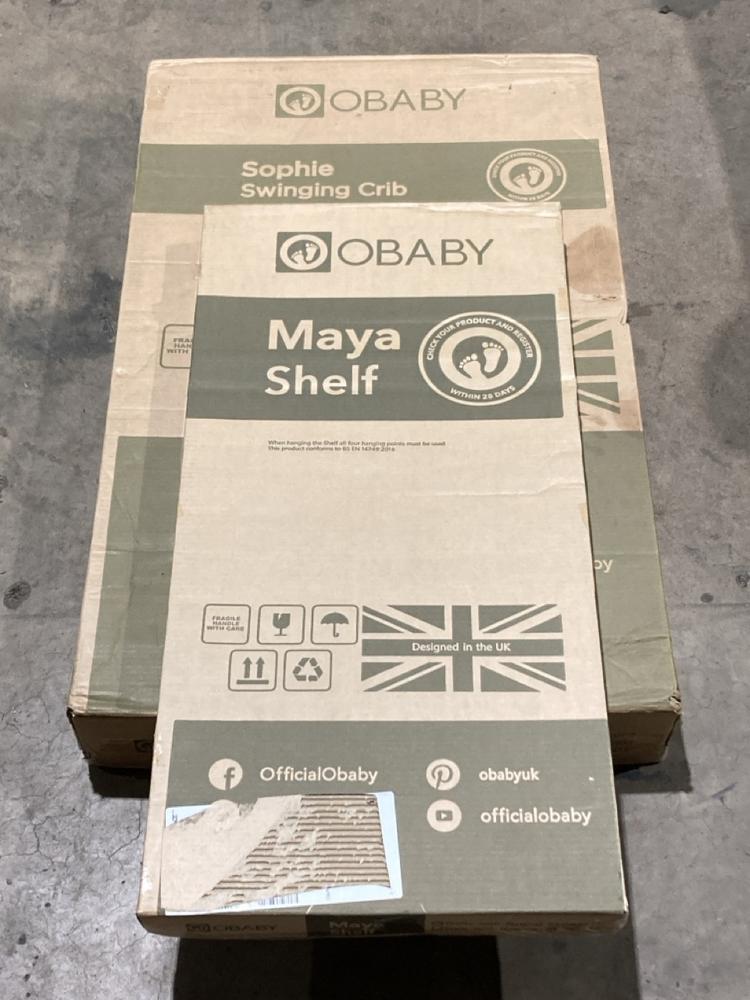Lot 407  
            Birmingham SR106 - Collection or Optional Delivery Available 

                
OBABY SOPHIE SWINGING CRIB TO INCLUDE OBABY MAYA SHELF TOTAL ORIGINAL RRP £160 (L...