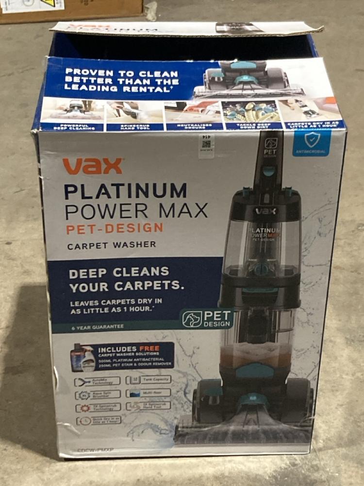 Lot 414  
            Birmingham SR106 - Collection or Optional Delivery Available 

                
VAX PLATINUM POWER MAX PET DESIGN CARPET CLEANER ORIGINAL RRP £260 (LOCATION: RAC...
