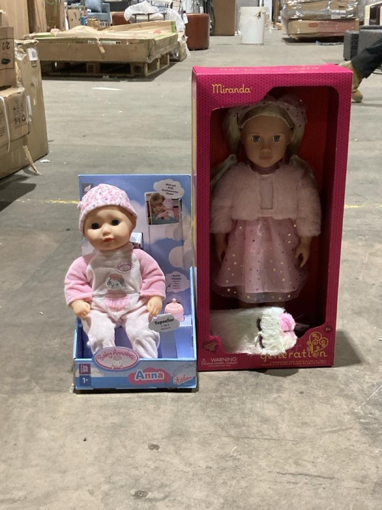 Lot 421  
            Birmingham SR106 - Collection or Optional Delivery Available 

                
ZAPF CREATION ANNA DOLL TO INCLUDE OUR GENERATION MIRANDA DOLL (LOCATION: RACKINGS)