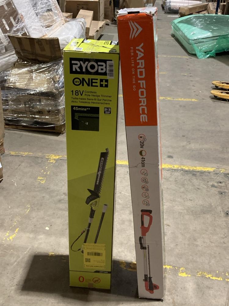 Lot 486  
            Birmingham SR106 - Collection or Optional Delivery Available 

                
RYOBI ONE 18V CORDLESS POLE HEDGE TRIMMER TO INCLUDE YARDFORCE CORDLESS POLE HEDG...