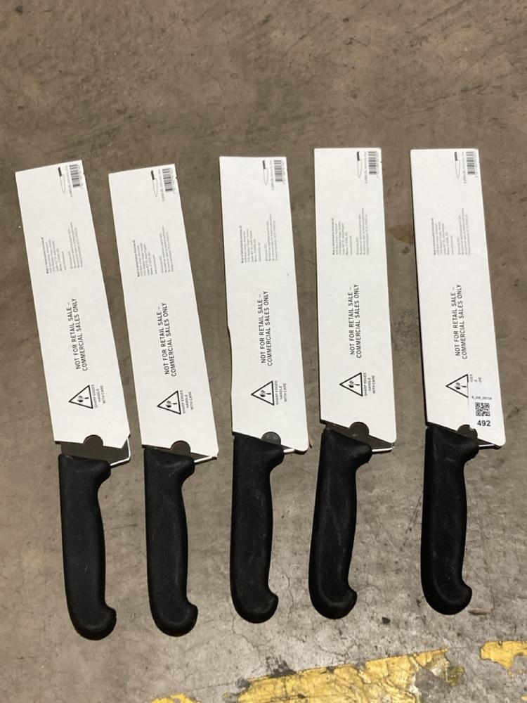 Lot 492  
            Birmingham SR106 - Collection 

                
5 X VICTORINOX KITCHEN KNIFE 18 + PROOF OF ID (LOCATION: RACKINGS)