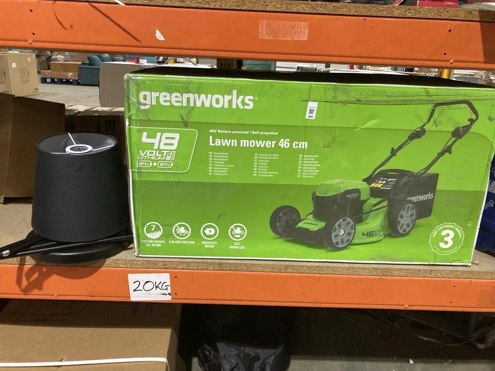 Lot 498  
            Birmingham SR106 - Collection or Optional Delivery Available 

                
GREENWORKS 46CM LAWNMOWER TO INCLUDE JOHN LEWIS DESK LAMP ORIGINAL RRP £390 (LOCA...