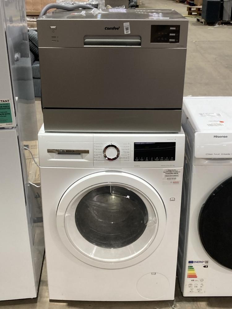 Lot 507  
            Birmingham SR106 - Collection or Optional Delivery Available 

                
BOSCH SERIES 4 FREESTANDING WASHER DRYER TO INCLUDE COMFEE TABLE TOP DISHWASHER T...
