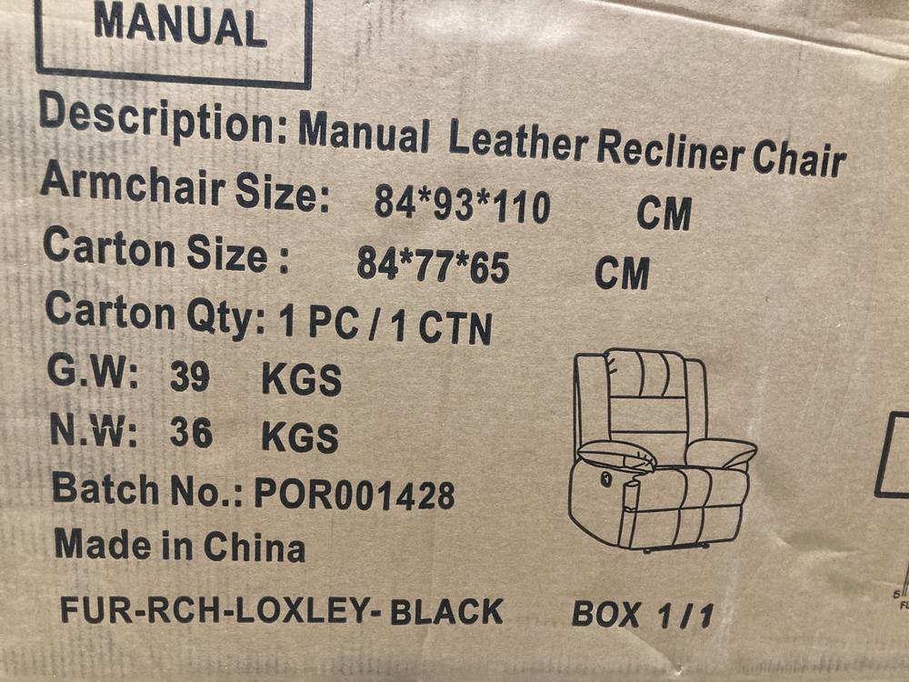 Lot 531  
            Birmingham SR106 - Collection or Optional Delivery Available 

                
MANUAL LEATHER RECLINER CHAIR (LOCATION: ROW 5 - D )