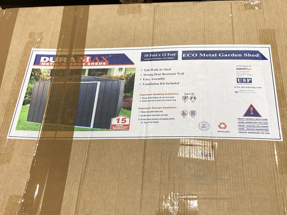 Lot 570  
            Birmingham SR106 - Collection or Optional Delivery Available 

                
DURAMAX ECO METAL 10 X 12 FT GARDEN SHED ORIGINAL RRP £539 (LOCATION: ROW 5 - D )...