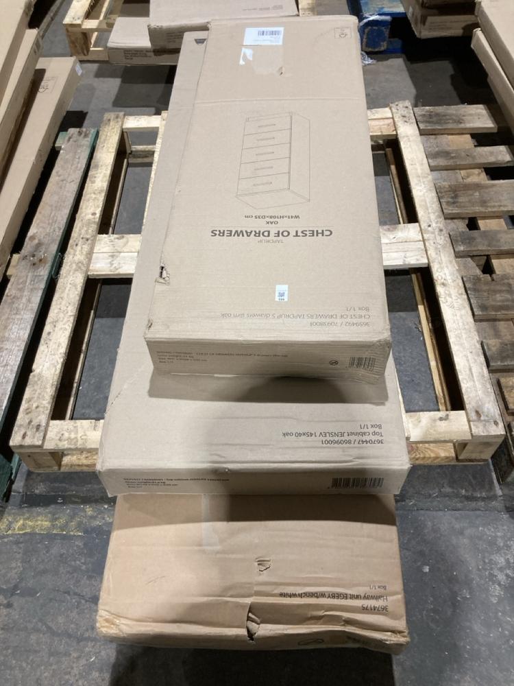 Lot 599  
            Birmingham SR106 - Collection or Optional Delivery Available 

                
PALLET OF VARIOUS JYSK FURNITURE ITEMS TO INCLUDE TAPDRUP CHEST OF DRAWERS (ALL P...