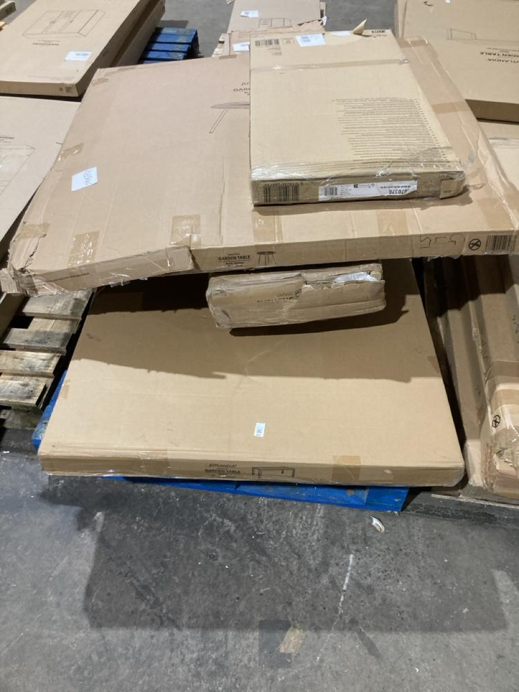 Lot 601  
            Birmingham SR106 - Collection or Optional Delivery Available 

                
PALLET OF VARIOUS JYSK FURNITURE ITEMS TO INCLUDE JUTLANDIA MADERUP GARDEN TABLE ...