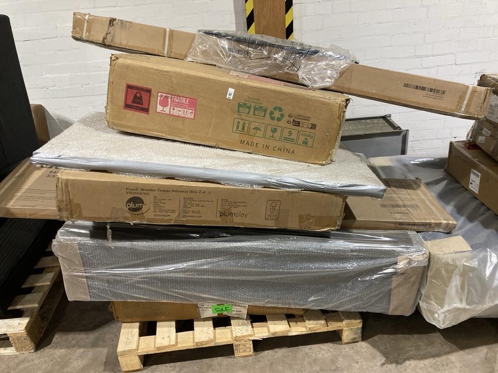 Lot 606  
            Birmingham SR106 - Collection or Optional Delivery Available 

                
PALLET OF ITEMS TO INCLUDE PLUM WOODEN TEEPEE HIDEAWAY (PART LOT) (ALL PALLET CON...