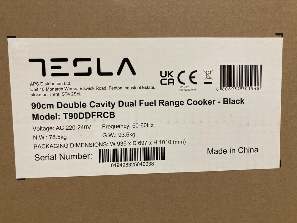 Lot 61  
            Birmingham SR106 - Collection or Optional Delivery Available 

                
TESLA 90CM DOUBLE CAVITY DUAL FUEL RANGE COOKER ORIGINAL RRP £949 (LOCATION: ROW ...