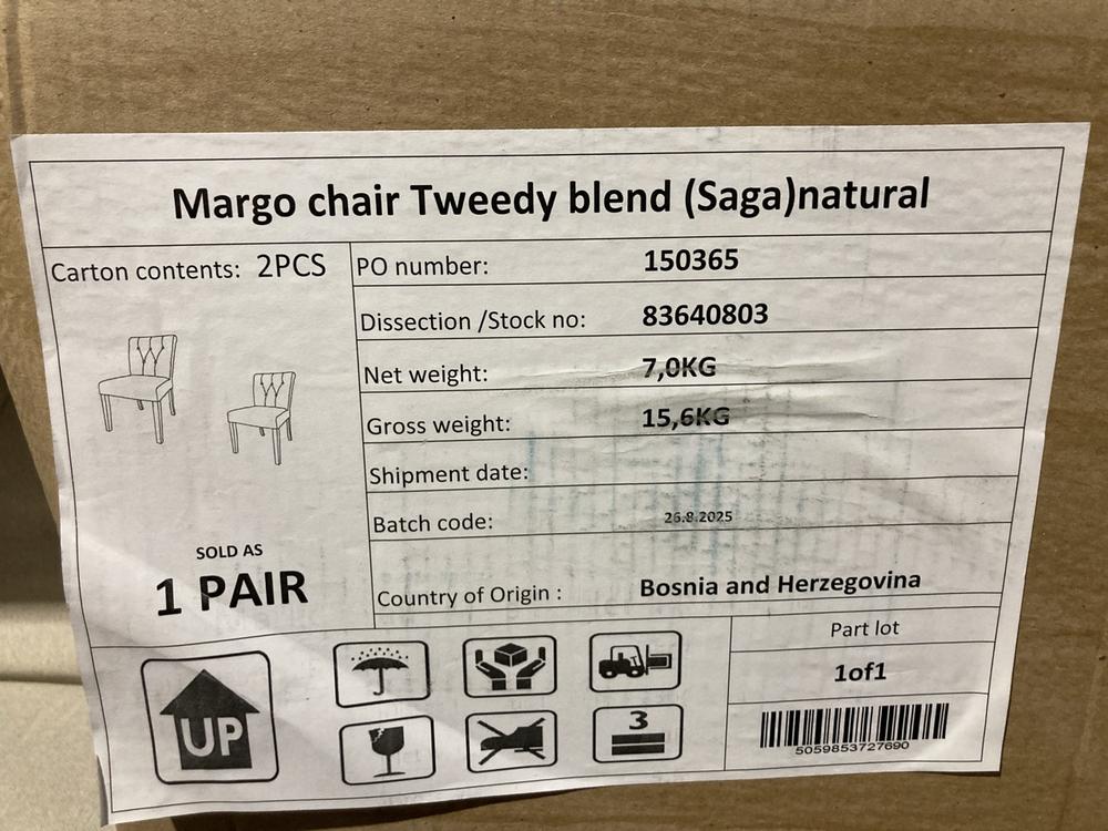 Lot 673  
            Birmingham SR106 - Collection or Optional Delivery Available 

                
JOHN LEWIS AND PARTNERS MARGO DINING CHAIR SET OF 2 (LOCATION: WALL RACKINGS )