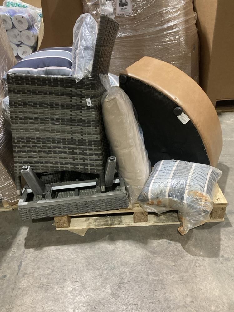 Lot 725  
            Birmingham SR106 - Collection or Optional Delivery Available 

                
PALLET OF ITEMS TO INCLUDE RATTAN OUTDOOR GARDEN CHAIR (ALL PALLET CONTENTS MUST ...
