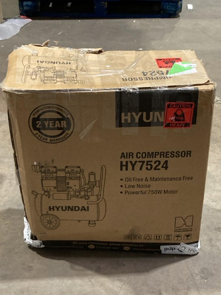 Lot 75  
            Birmingham SR106 - Collection or Optional Delivery Available 

                
HYUNDAI AIR COMPRESSOR HY7524 ORIGINAL RRP £180 (LOCATION: ROW 6 - C)
