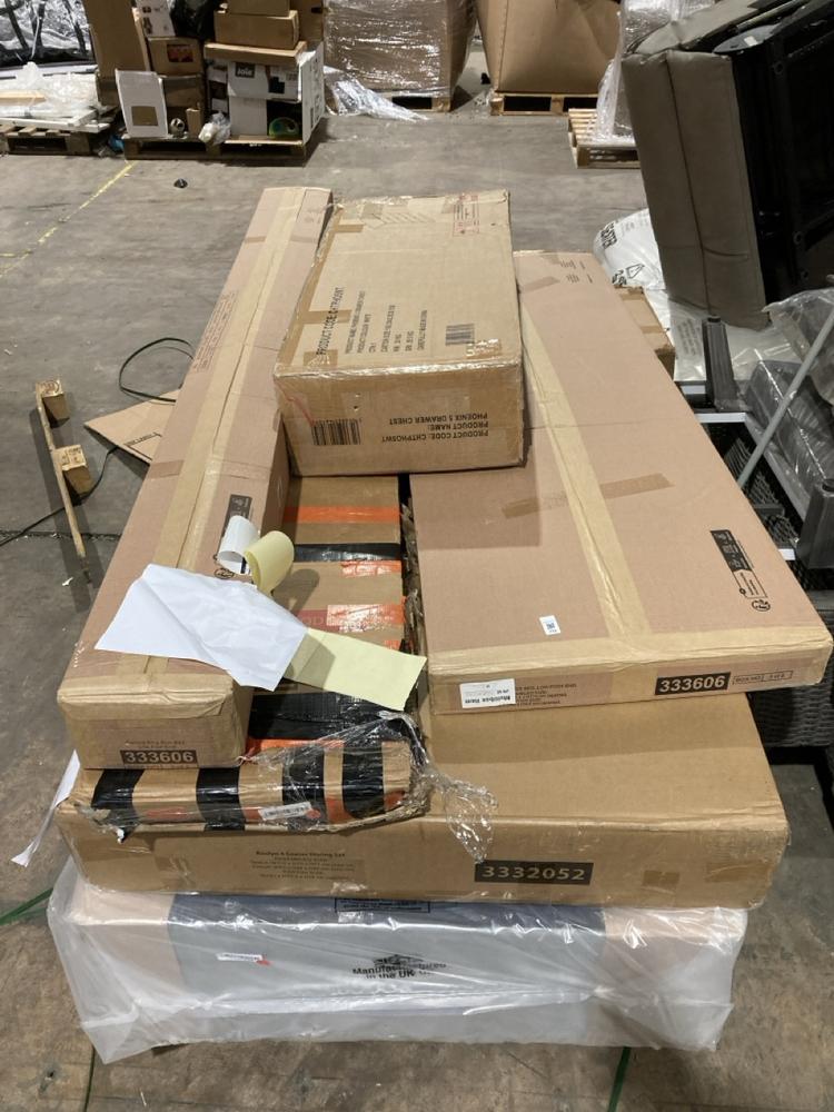 Lot 772  
            Birmingham SR106 - Collection or Optional Delivery Available 

                
PALLET OF FURNITURE PARTS TO INCLUDE PHOENIX 5 DRAWER CHEST (ALL PALLET CONTENTS ...