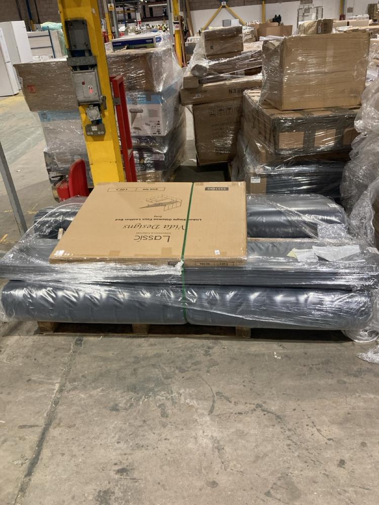 Lot 856  
            Birmingham SR106 - Collection or Optional Delivery Available 

                
PALLET OF ITEMS TO INCLUDE VIDA DESIGN LISBON SINGLE OTTOMAN FAUX LEATHER BED PAR...