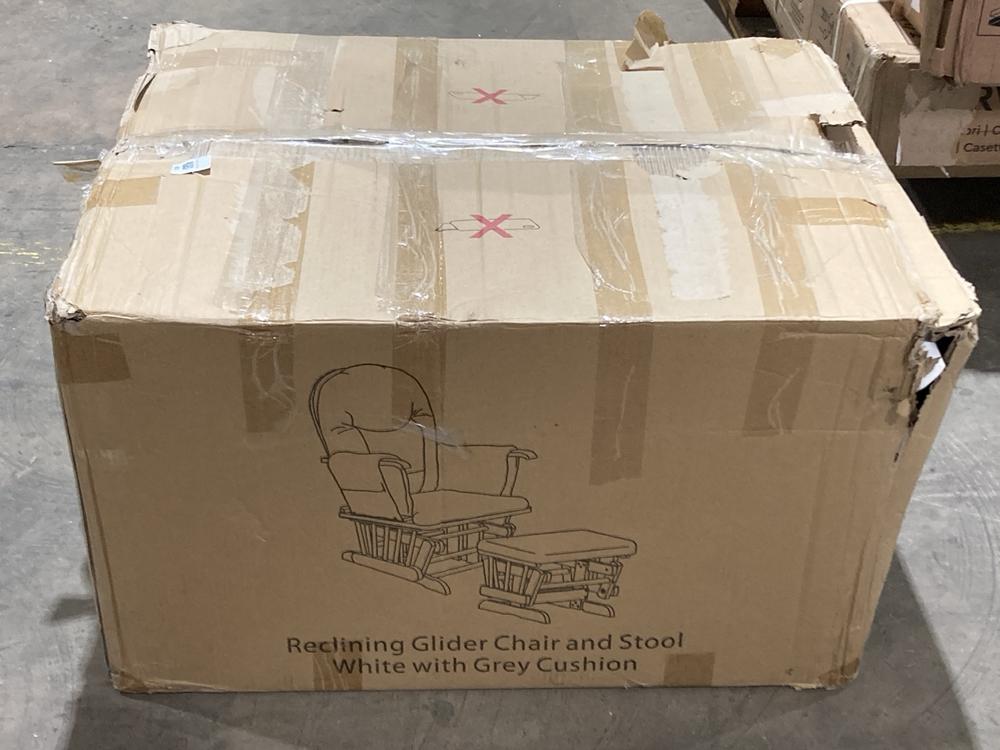 Lot 93  
            Birmingham SR106 - Collection or Optional Delivery Available 

                
RECLINING GLIDER CHAIR AND STOOL WHITE WITH GREY CUSHION ORIGINAL RRP £160 (LOCAT...