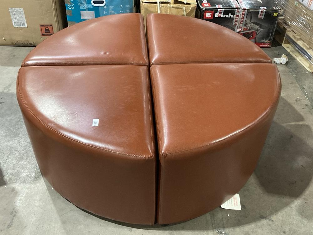 Lot 97  
            Birmingham SR106 - Collection or Optional Delivery Available 

                
BROWN LEATHER FABRIC 4 PIECE ROUND FOOTSTOOL (LOCATION: ROW 6 - C)