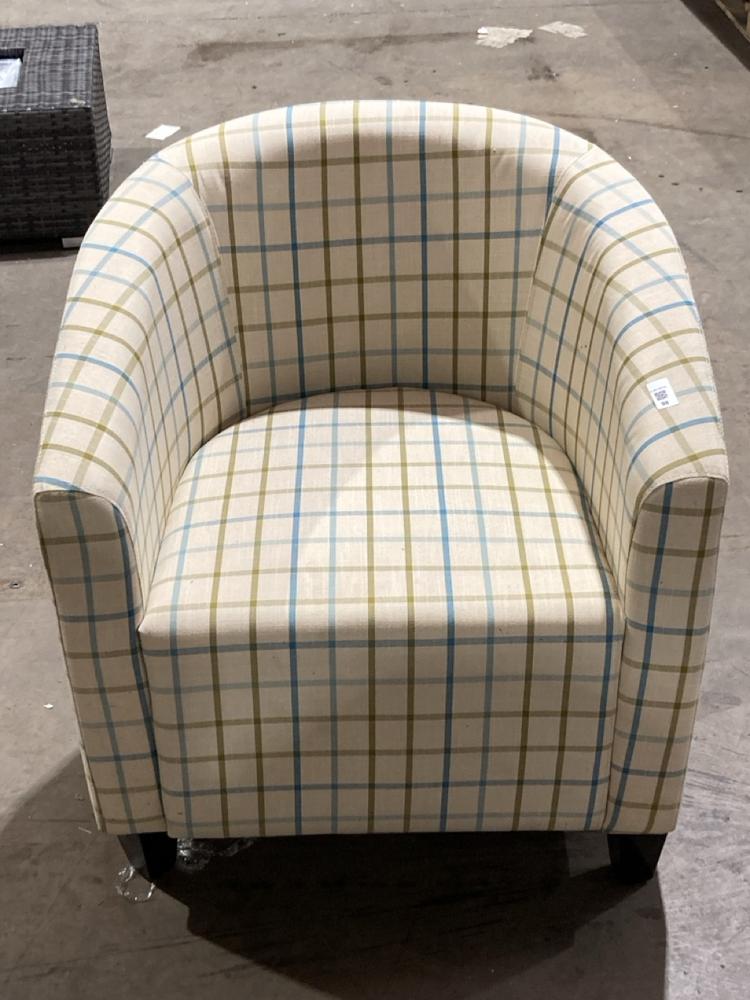 Lot 98  
            Birmingham SR106 - Collection or Optional Delivery Available 

                
TUB CHAIR IN CREAM WITH BLUE AND GREEN (LOCATION: F)