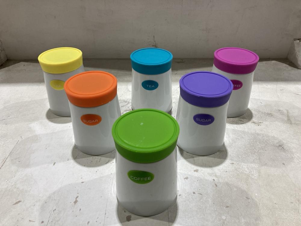 Lot 247  
            Birmingham SR104 - Collection or Optional Delivery Available 

                
2 SETS - TEA, COFFEE, SUGAR - ASSORTED COLOUR - RISE AN SHINE - ITEM NO. 323701 -...