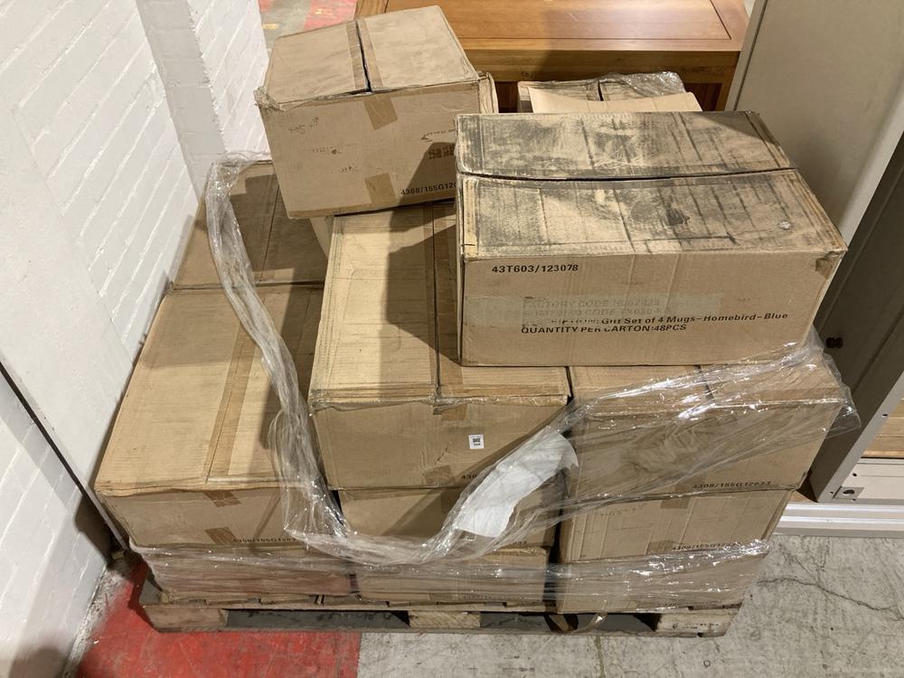Lot 309  
            Birmingham SR104 - Collection or Optional Delivery Available 

                
PALLET OF STONE THE CROWS ITEMS TO INCLUDE GIFT SET OF 4 MUGS - HOMEBIRD - BLUE (...