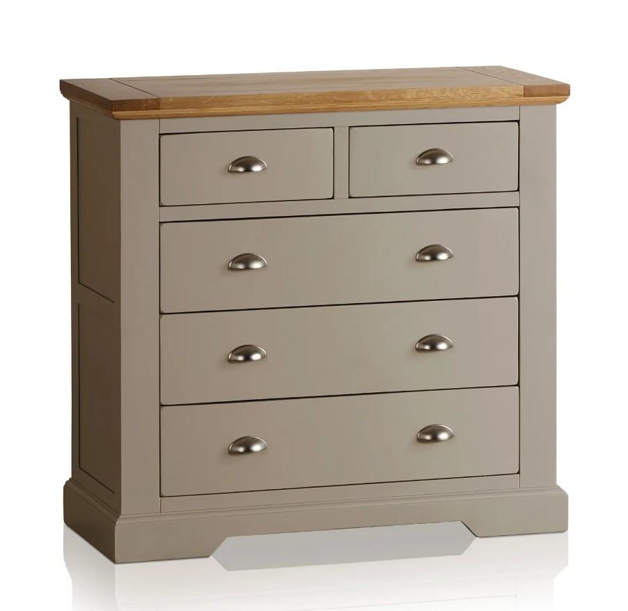 Lot 36  
            Birmingham SR104 - Collection or Optional Delivery Available 

                
OAK FURNITURELAND ST IVES NATURAL OAK AND LIGHT GREY PAINTED 2+3 DRAWER CHEST ORI...