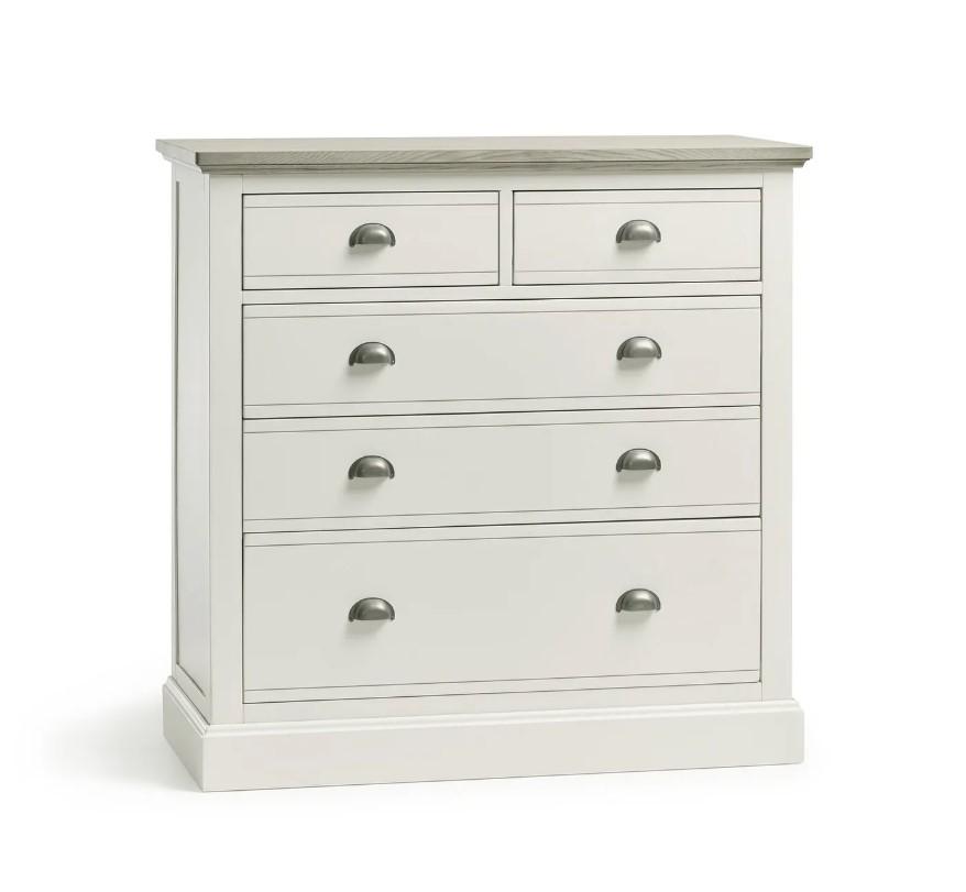 Lot 37  
            Birmingham SR104 - Collection or Optional Delivery Available 

                
OAK FURNITURELAND BROMPTON PAINTED ACACIA AND ASH TOP 5 DRAWER CHEST (2+3) - SOLI...