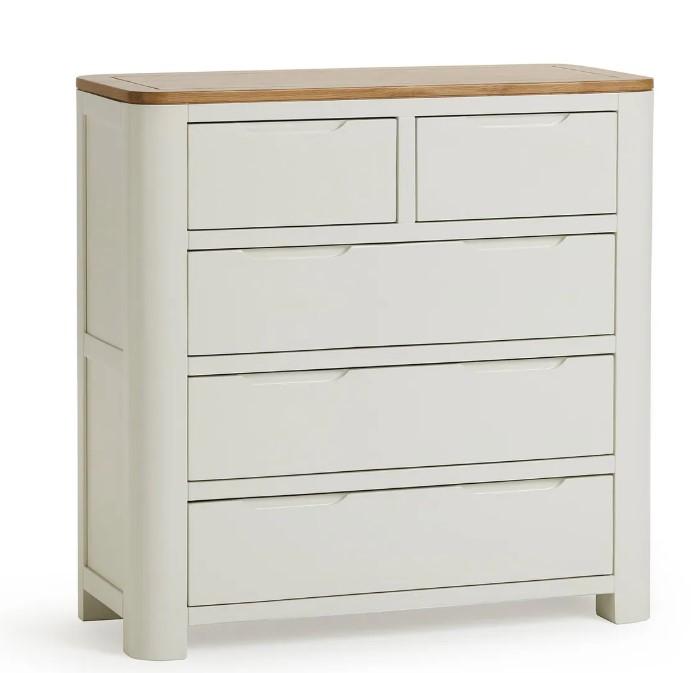 Lot 39  
            Birmingham SR104 - Collection or Optional Delivery Available 

                
OAK FURNITURELAND HOVE NATURAL OAK AND PAINTED 2+3 CHEST OF DRAWERS ORIGINAL RRP ...