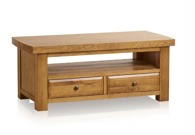 Lot 53  
            Birmingham SR104 - Collection or Optional Delivery Available 

                
OAK FURNITURELAND HERCULES RUSTIC SOLID OAK 2 DRAWER COFFEE TABLE ORIGINAL RRP £5...