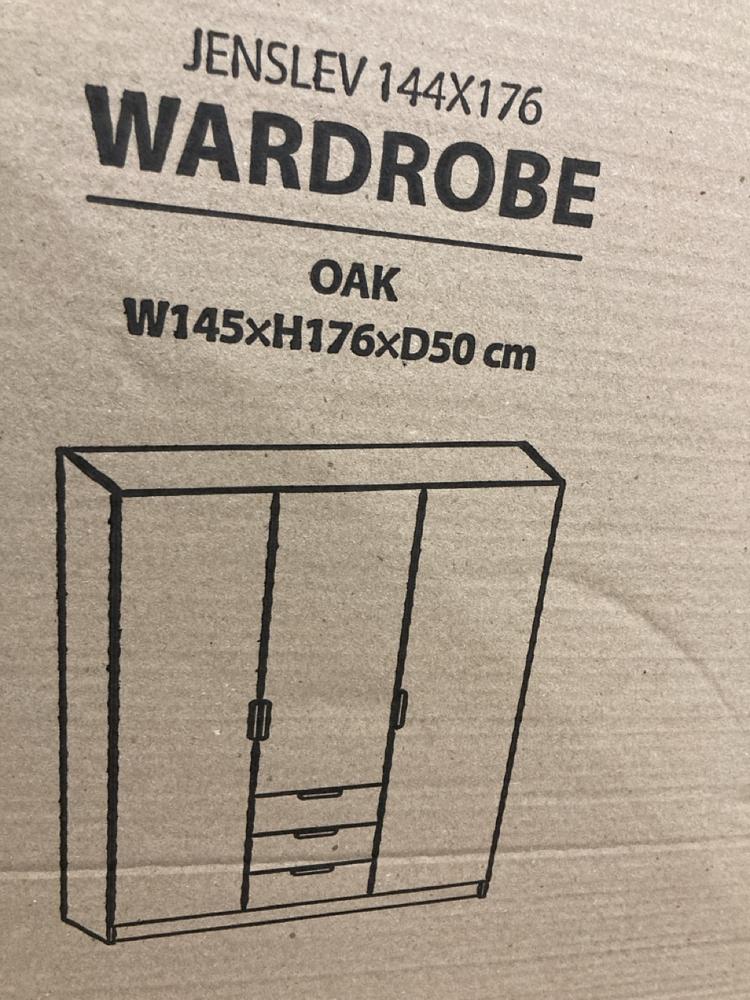 Lot 95  
            Birmingham SR104 - Collection or Optional Delivery Available 

                
JENSLEV 144X176 3 DOOR WARDROBE IN OAK ORIGINAL RRP £215