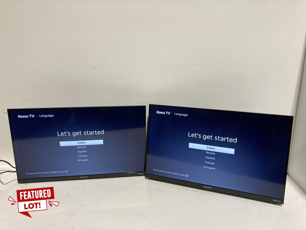 Lot 7  
            Birmingham Premium - Collection or Optional Delivery Available 

                
2 X SHARP ROKU 24" HDR, SMART TV (ORIGINAL RRP - £400). (BOX AND POWER CABLE) [JP...