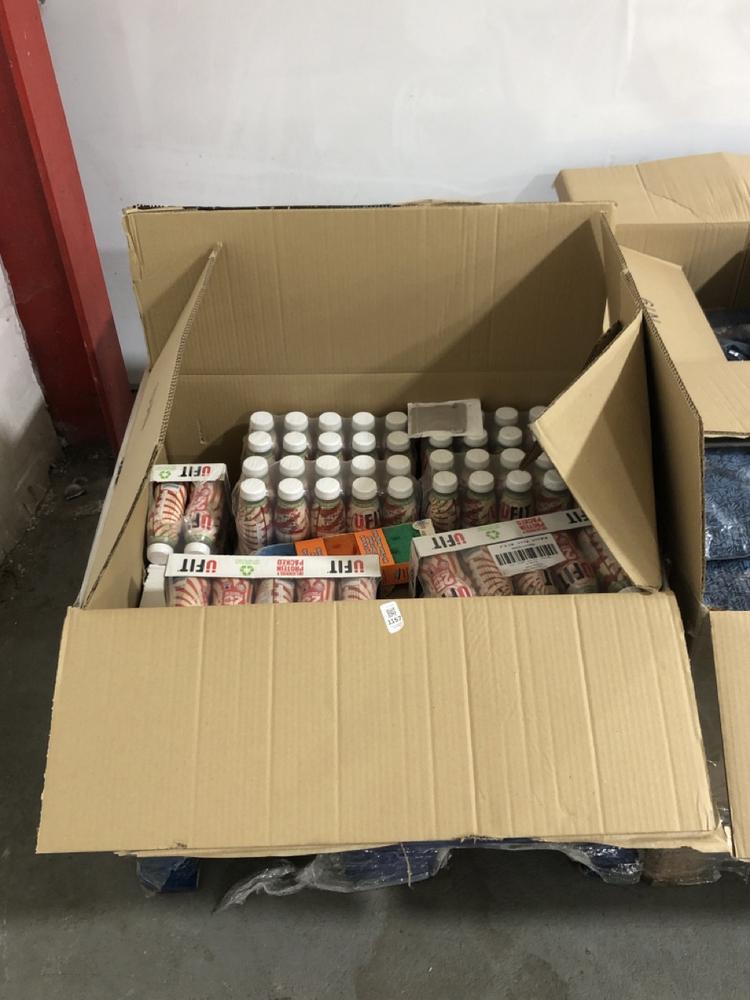 Lot 1157  
            Chesterfield SR40 - Collection or Optional Delivery Available 

                
PALLET OF ASSORTED ITEMS TO INCLUDE UFIT PROTEIN SHAKE 330ML BBE- MAY BE EXPIRED ...