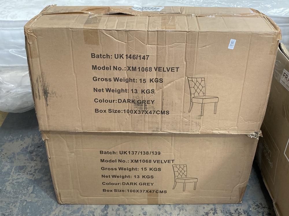 Lot 217  
            Chesterfield SR40 - Collection or Optional Delivery Available 

                
2 X DINING CHAIR IN DARK GREY VELVET (LOCATION: A5)