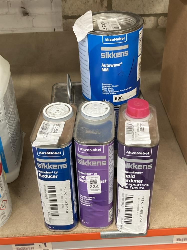 Lot 234  
            Chesterfield SR40 - Collection 

                
5 X ASSORTED LIQUIDS TO INCLUDE AKZONOBEL SIKKENS AUTOWAVE MM BASE MATE 1L (COLLE...