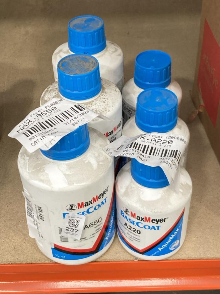 Lot 237  
            Chesterfield SR40 - Collection 

                
6 X ASSORTED ITEMS TO INCLUDE MAX MEYER BASE COAT A650 IN GREEN 1L (COLLECTION ON...
