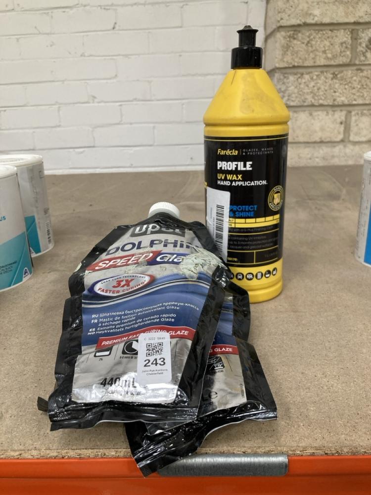Lot 243  
            Chesterfield SR40 - Collection 

                
4 X ASSORTED ITEMS TO INCLUDE PROFILE UV WAX HAND APPLICATION 1L (COLLECTION ONLY...