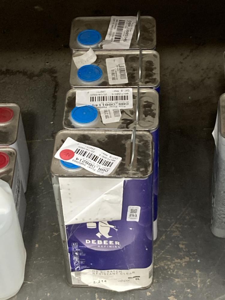 Lot 251  
            Chesterfield SR40 - Collection 

                
4 X DEBEER REFINING HS SCRATCH RESISTANT CLEAR 5L (COLLECTION ONLY) (LOCATION: A ...