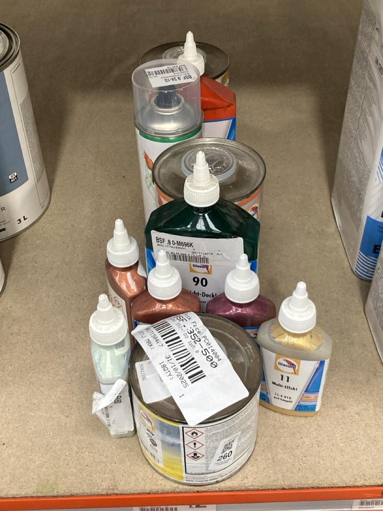 Lot 260  
            Chesterfield SR40 - Collection 

                
11 X ASSORTED LIQUIDS TO INCLUDE GLASURIT MULTIEFFEKT 11-E 650 125ML (COLLECTION ...