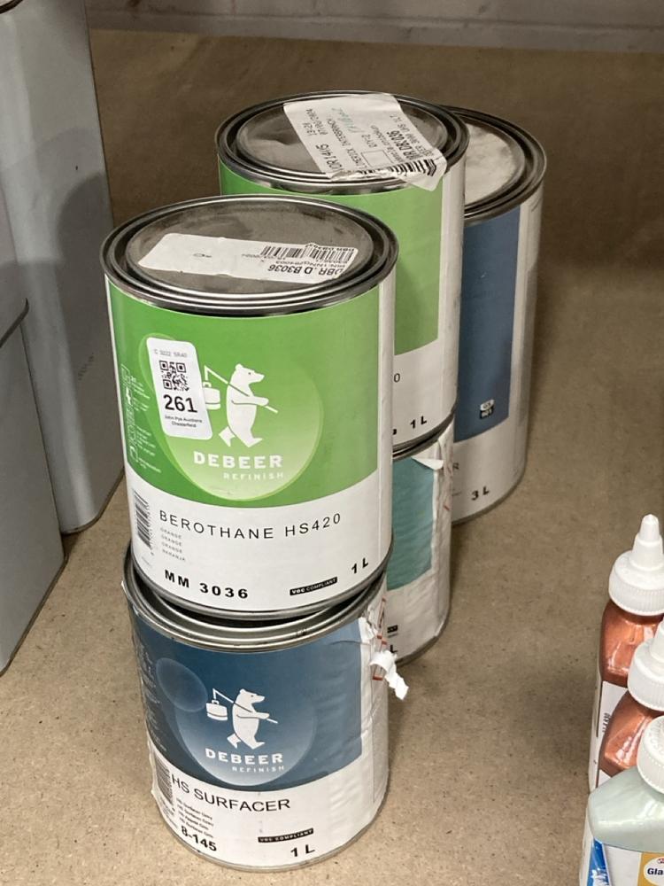 Lot 261  
            Chesterfield SR40 - Collection 

                
5 X ASSORTED LIQUIDS TO INCLUDE DEBEER REFINISH BERITHANE HS420 IN ORANGE 1L (COL...