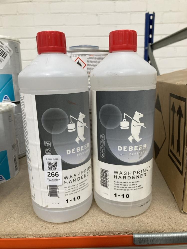 Lot 266  
            Chesterfield SR40 - Collection 

                
6 X ASSORTED LIQUIDS TO INCLUDE DEBEER WASHPRIMER HARDENER 1L (COLLECTION ONLY) (...